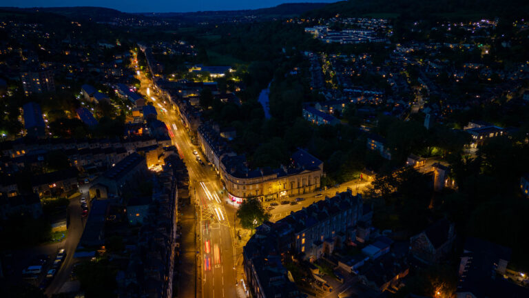 an aerial photograph of Bath's heritage streetlighting at night
