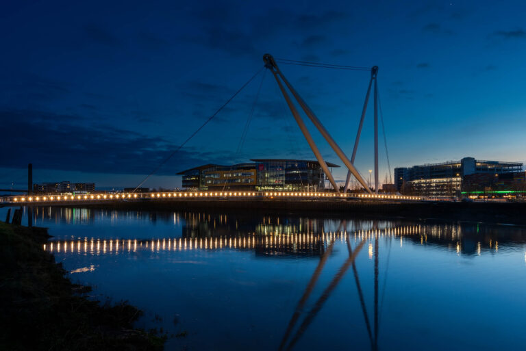 a well lit footbridge in Newport
